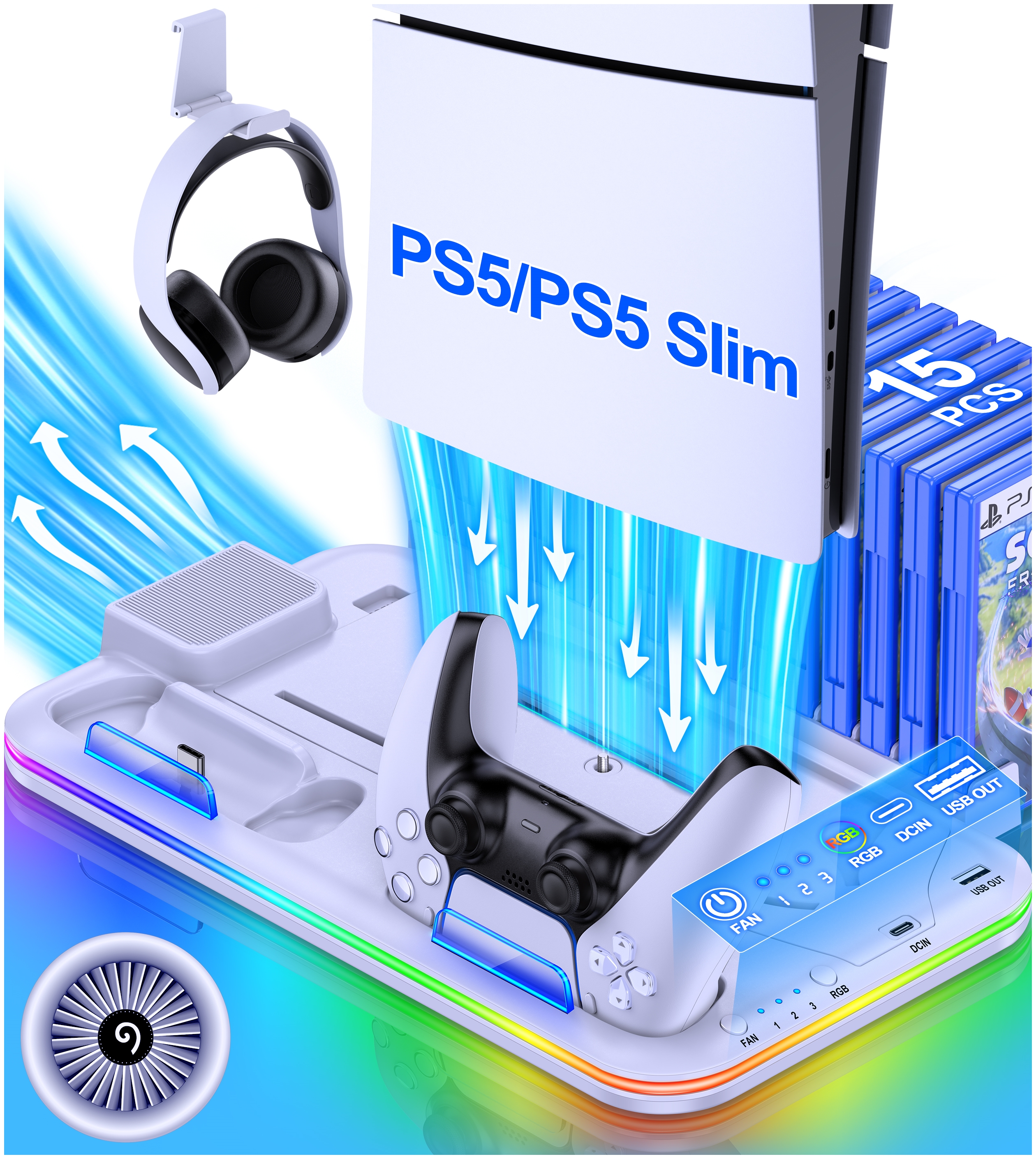 PS5 Stand Cooling Fan for 2023 PS5 Slim, DinoFire PS5 Accessories with Dual  Controller Charging Station for PS5 digital & disc verdion with 3-Speeds  Adjustable Fan,Headset Holder,RGB Lights-White 